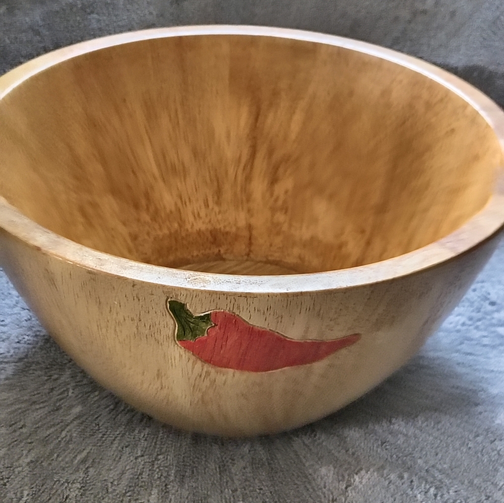Vintage Clay Art Hand Painted Wood Salad Bowls Chili Pepper Design Art Food